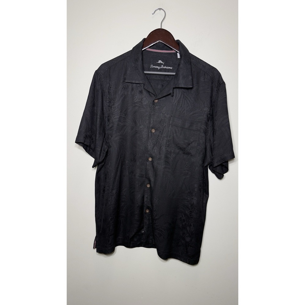 Tommy Bahama Mens Large Black 100% Silk Jacquard Palm Floral Camp Shirt Button